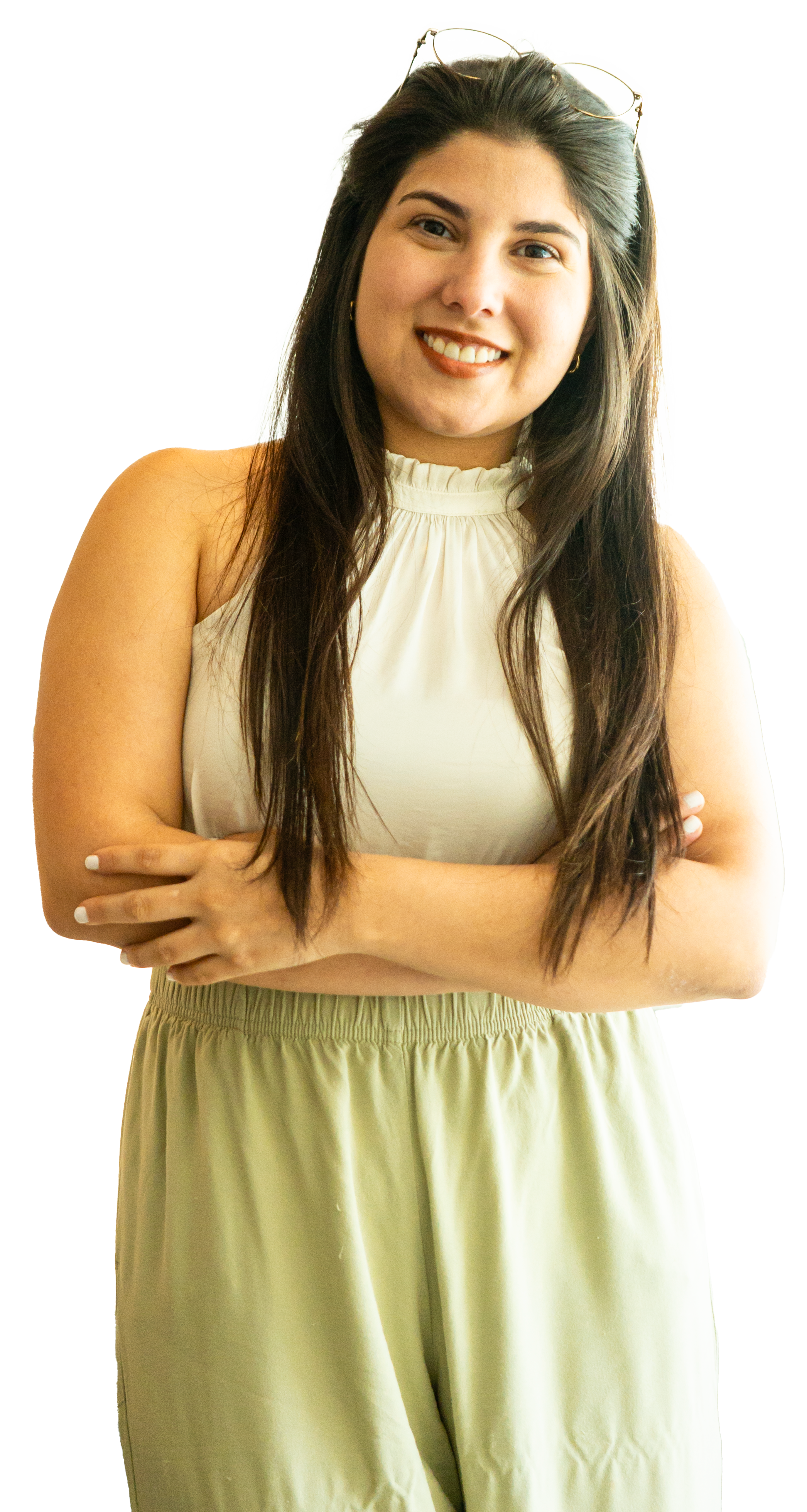 Imagen de Marie con suéter a rayas y jeans